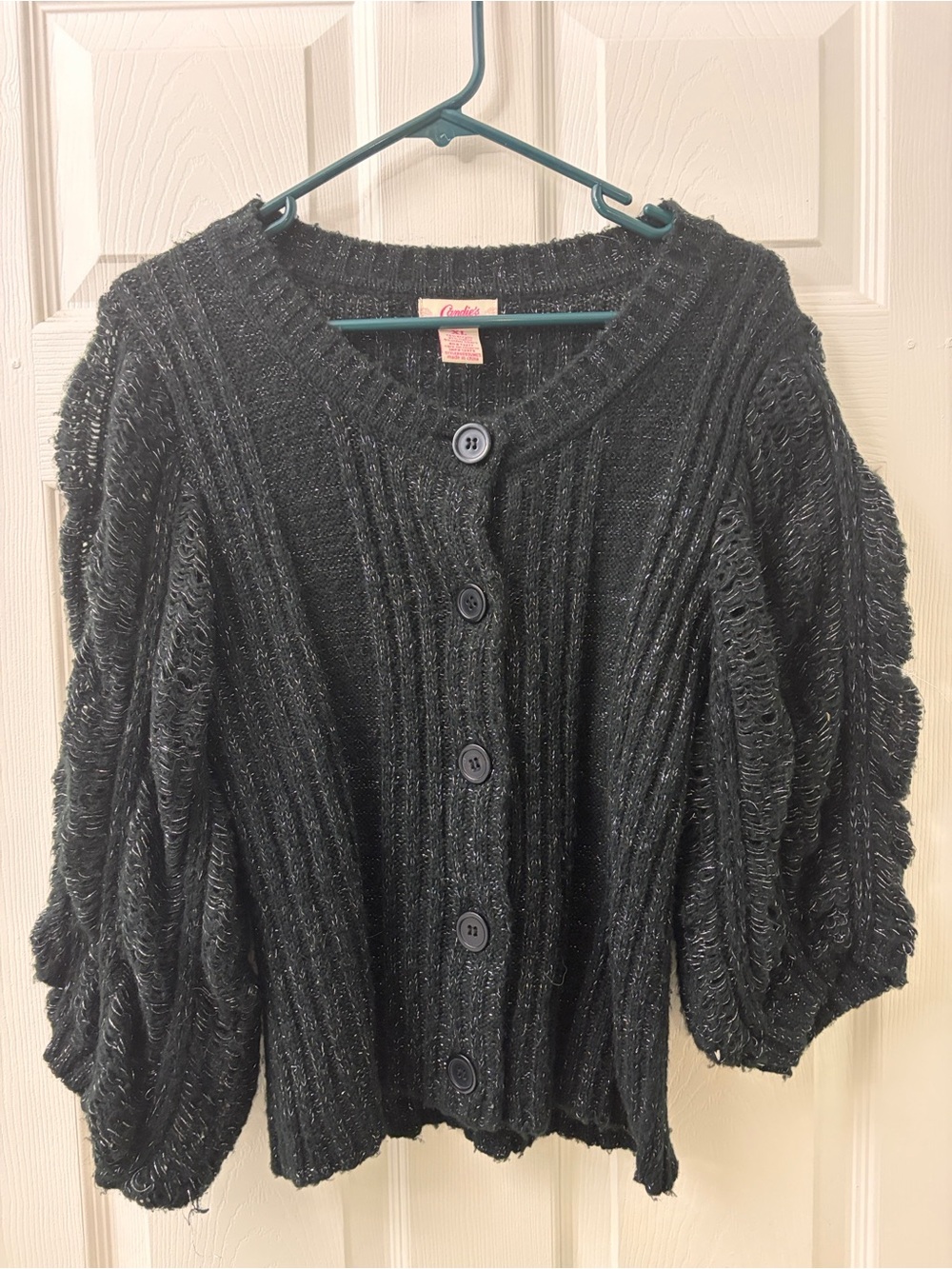 Candie's Black Sparkle Balloon-Sleeve Button Cardigan